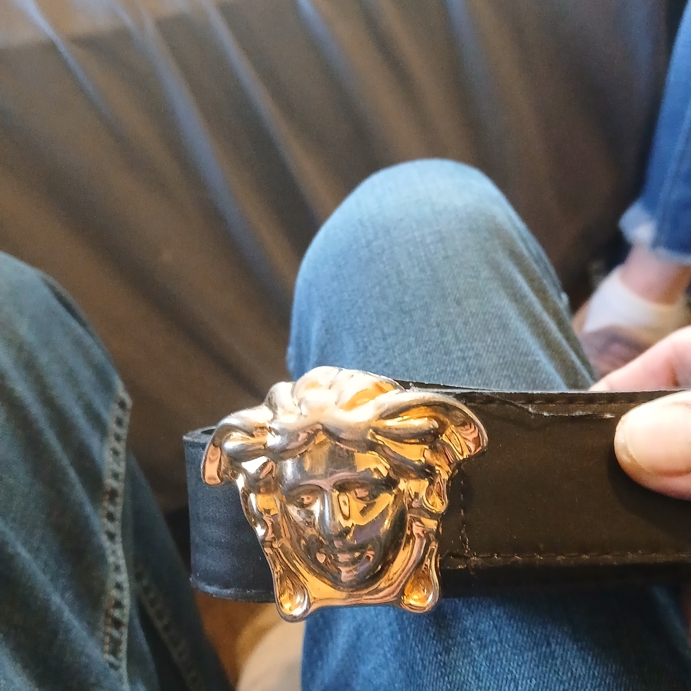 Versace Black Leather Belt with Gold Medusa Emblem